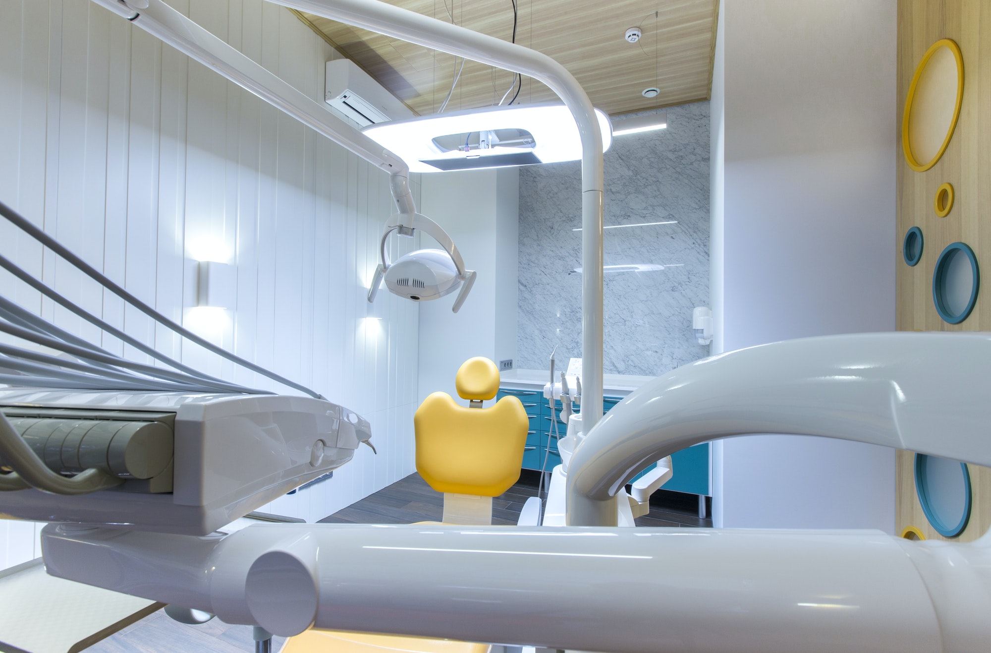 View on children dentist chair in modern well equipped room